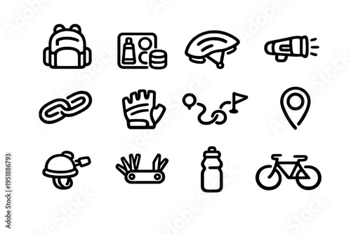 A collection of twelve minimalist black line icons representing