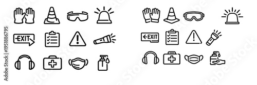 A collection of black and white line icons representing safety and