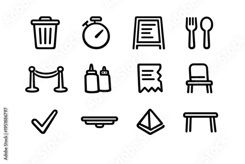 A collection of hand-drawn black and white icons related to