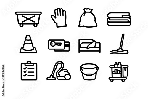 A collection of twelve black line icons representing housekeeping and