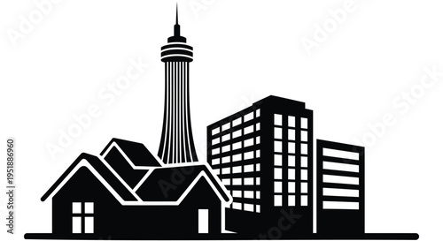 Set of 3 black cityscape icons vector, buildings and tower