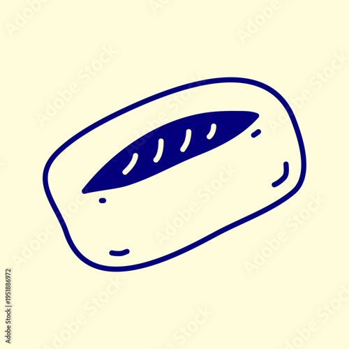 Cute hand drawn wholesome ciabatta bread in Mediterranean style isolated on pastel background. Modern outline pastry for breakfast, cafe, bakery, packaging, posters, etc.