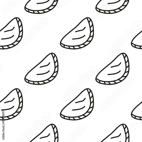 Black and white seamless pattern with doodle outline empanadas pies. Minimalist background with traditional Latin American pastries. Great for cooking sites, packaging, textile, etc.