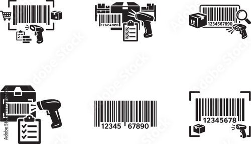 Business inventory barcode line art icon set for apps, websites, retail scanning and logistics systems.