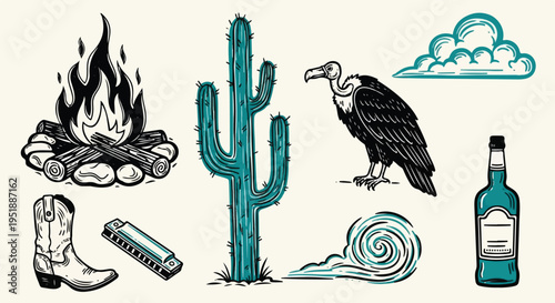 Vintage Wild West Cowboy Icons with Saguaro Vulture and Campfire