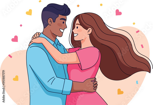 Diverse couple embraces happily amidst floating hearts and celebratory.