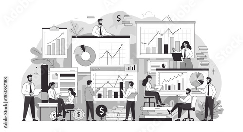 A monochrome illustration of a focused businessperson reviewing papers, ideal for representing analysis, planning, strategy, or corporate success in a