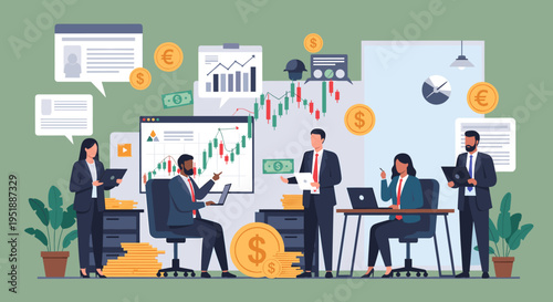 A modern vector illustration depicting a businesswoman and a lush plant, conveying growth, ambition, and a touch of tranquility in a professional sett