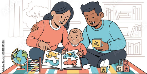 Parents and happy baby engage in early learning activity with books.