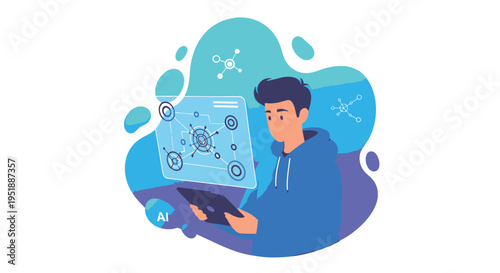 Vector illustration of a man holding a laptop with technical icons