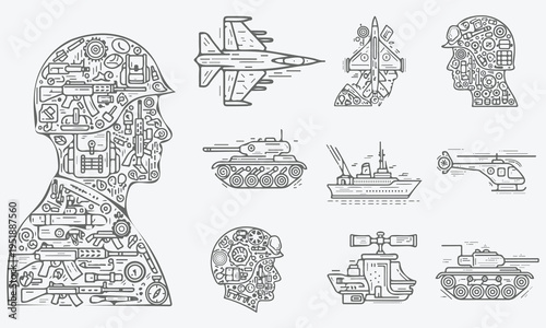 Military Technology Icons Set – Modern War Equipment, Army Vehicles, Fighter Jet and Soldier Helmet Line Art Illustration