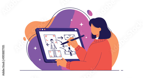 Vector illustration of woman using digital tablet for graphic design