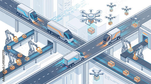 Futuristic smart logistics concept demonstrating automated supply chain operations with driverless trucks, aerial drones, and conveyor belt robotics.