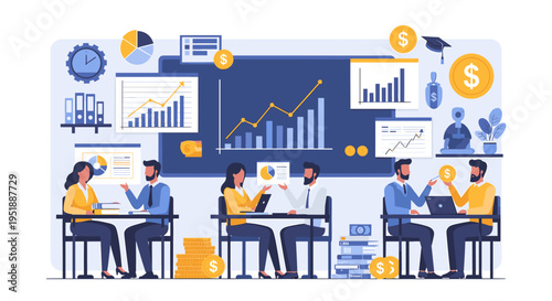 A stylish illustration depicts a woman working intently at her desk, creating a mood of productivity and concentration suitable for business or online