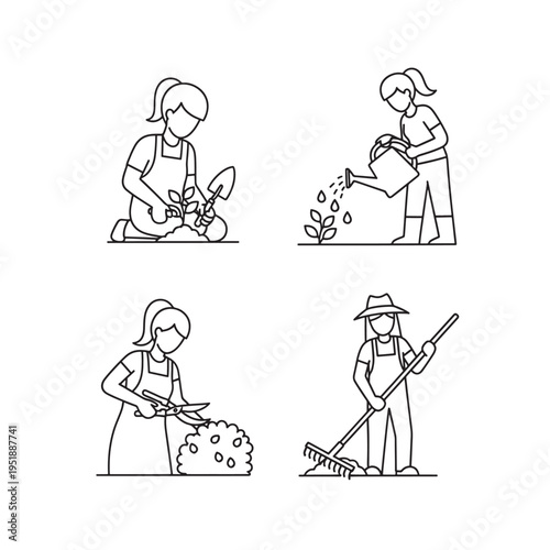 Line art illustrations depicting various gardening activities including planting, watering, pruning, and raking, showcasing different aspects of garden care.