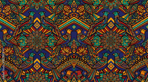 Vibrant seamless pattern featuring colorful stylized birds and intricate floral mandala designs with rich texture
