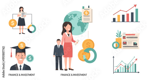 A cheerful graduate with a mortarboard and money, symbolizing academic achievement leading to financial prosperity and future investment opportunities