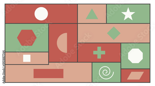 Abstract geometric composition featuring varied shapes and muted earth tone color blocks creates visual interest