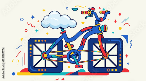 Vibrant, stylized bicycle illustration, featuring unique square wheels and a fluffy cloud seat, with a playful design.