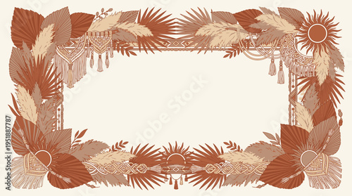 Ornate bohemian frame with feathers and flowers on beige background