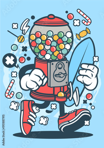 Retro gumball machine character holding a surfboard, fun and playful