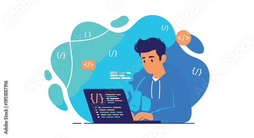 Vector illustration of a man coding on a laptop with abstract background elements