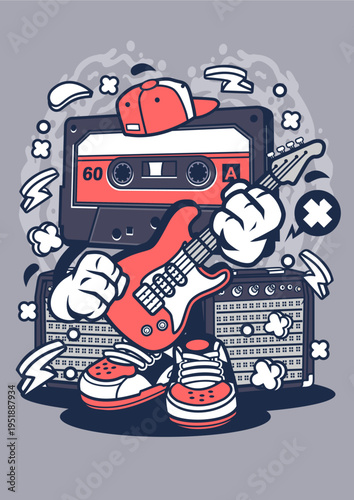 Rock musician playing bass guitar with cassette and amp, music performance