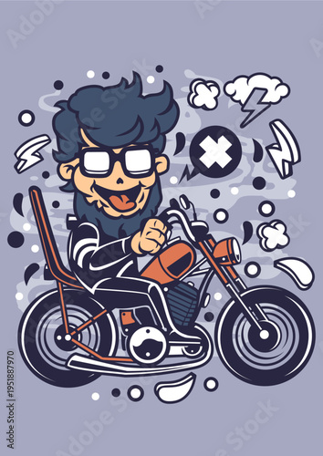 Cartoon man riding a motorcycle with a grumpy expression and lightning