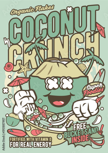 Organic flakes cereal 'coconut crunch' with a happy character and tropical