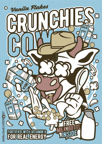 Cow eating cereal, cowboy hat, crunchies box, cartoon style