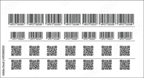Collection of black and white universal product codes and modern quick response matrix symbols.
