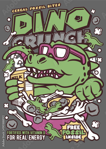 Dinosaur eating cereal, dino crunch box, vintage style