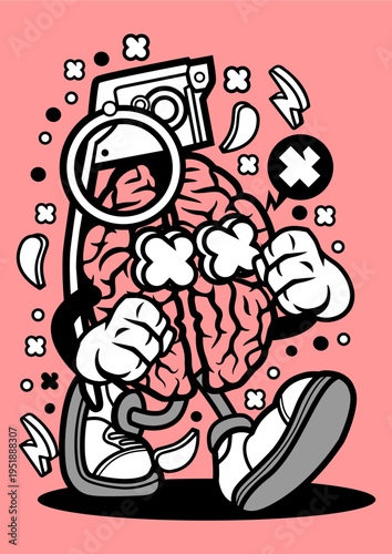 Cartoon brain character with camera and magnifying glass