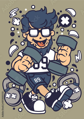 Cartoon man lifting dumbbells, fitness and weightlifting workout illustration