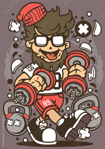 Cartoon man working out with dumbbells and kettlebells, fitness illustration