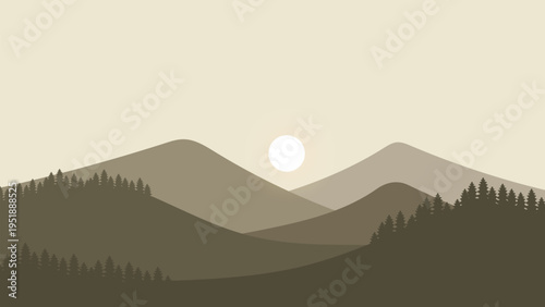 Mountains Landscape Dawn with Silhouette Pine Trees and Hill Background.Vector Illustration