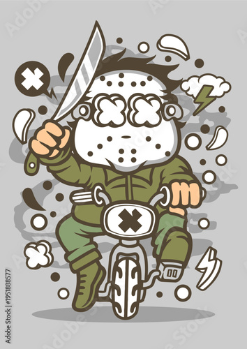 Horror character with hockey mask and knife riding motorcycle, dark background