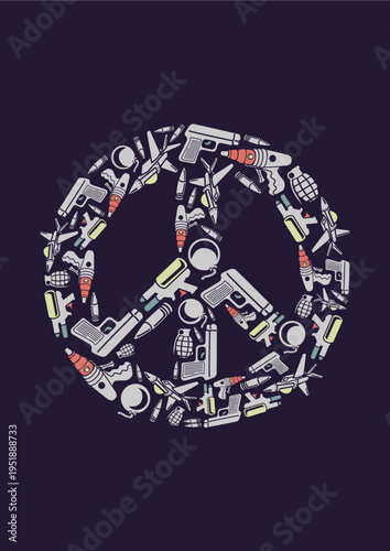 Peace symbol made of guns and weapons, social issues, anti-war