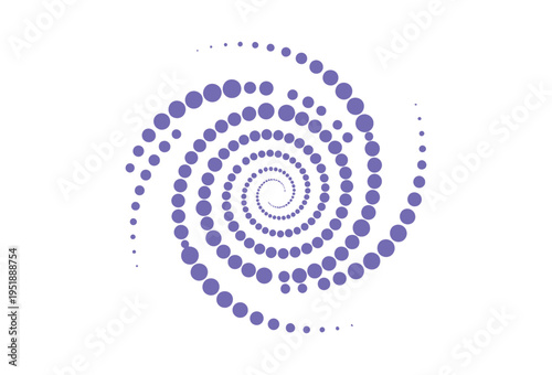 Abstract purple dot spiral graphic illustration demonstrating logarithmic growth pattern resembling a vortex or whirlpool design on transparent background
