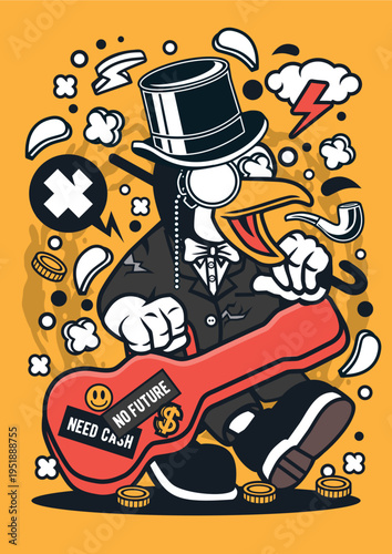 Dapper penguin in suit with guitar and monocle, need cash concept