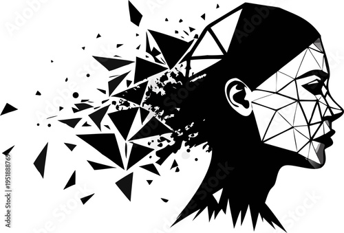 Abstract female face profile composed of fragmented geometric shapes