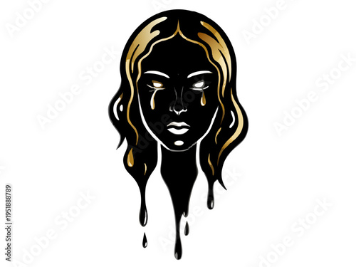 Crying woman face silhouette with golden hair and tears