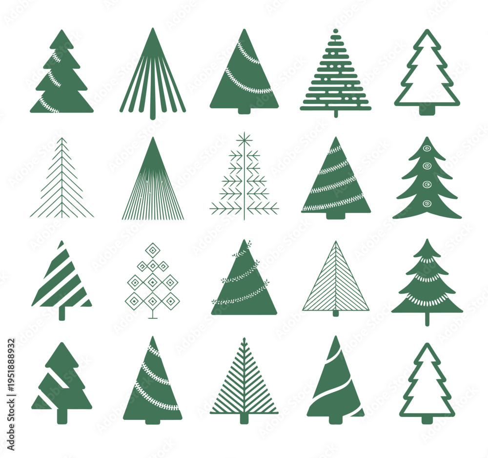 Obraz premium Christmas Tree Set Flat Design Holiday Pine Evergreen Winter Decoration Festive Celebration New Year Isolated White Background Vector Illustration