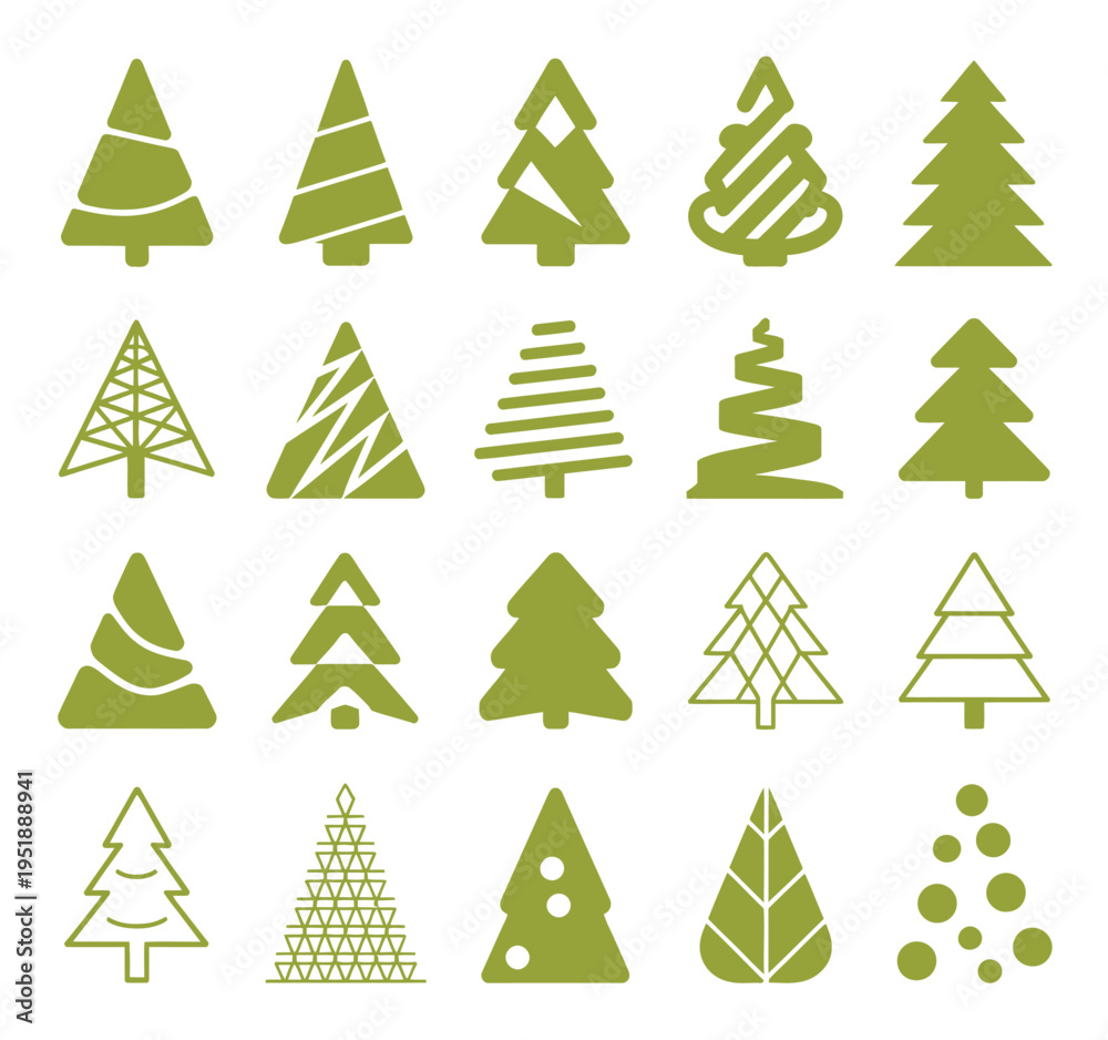 Obraz premium Christmas Tree Set Flat Design Holiday Pine Evergreen Winter Decoration Festive Celebration New Year Isolated White Background Vector Illustration