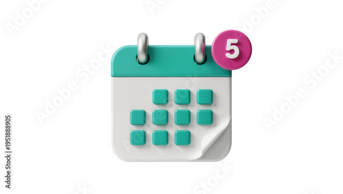 Fotografie Modern 3D calendar icon with a pink circle notification showing 5 , isolated PNG