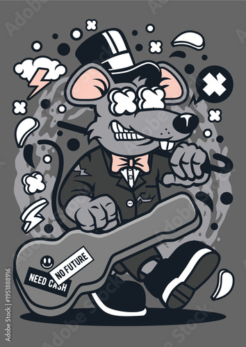Dapper rat in suit with bow tie and guitar case with funny rat