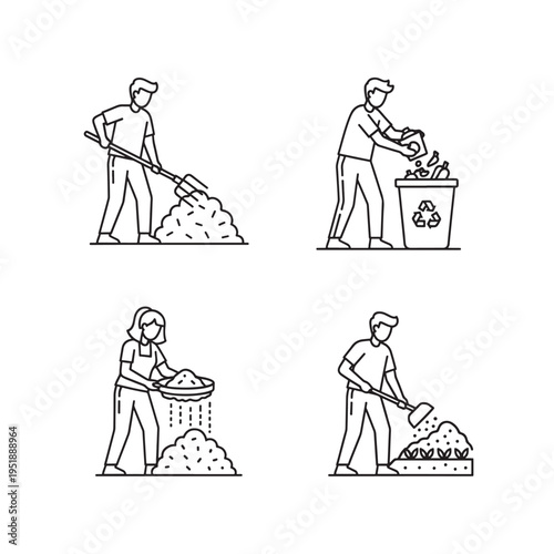 Line art illustration set depicting various waste management and gardening activities, including composting, recycling, and sifting soil.