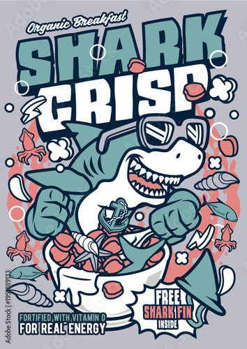 Shark mascot eating crisp cereal with sunglasses with food packaging