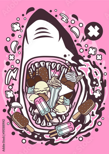 Shark mouth full of ice cream and popsicles, fun dessert, waffle cone