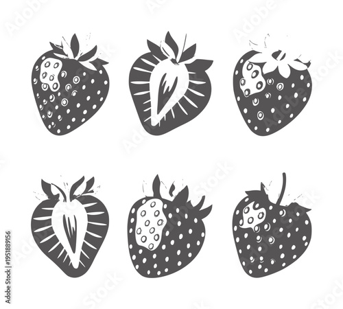 Six stylized dark gray strawberries whole and halved white strawberry fruit food